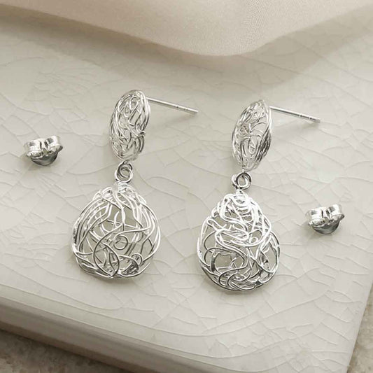 ML955 STERLING SILVER TEARDROP NEST DANGLY EARRINGS 3