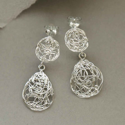 ML955 STERLING SILVER TEARDROP NEST DANGLY EARRINGS 1