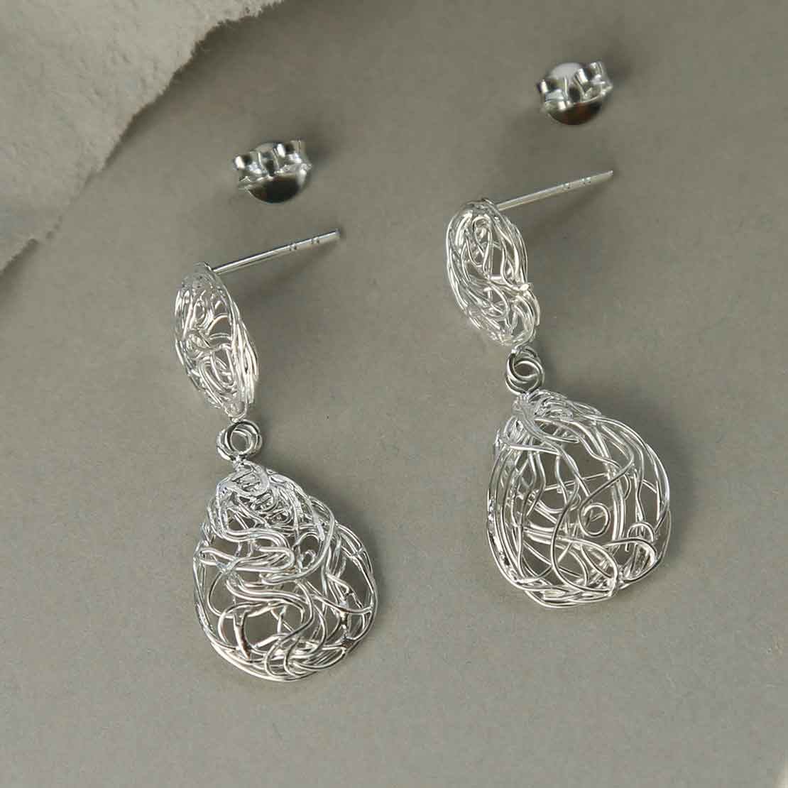 Sterling Silver Teardrop Nest Dangly Earrings