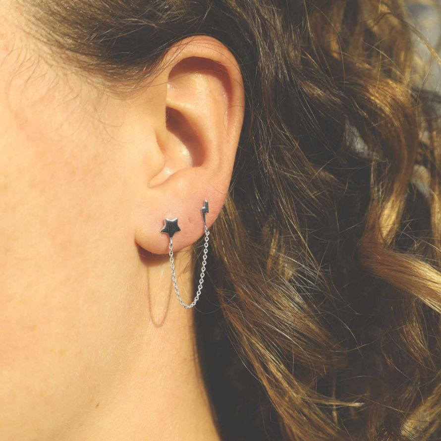 Sterling Silver Star and Lightning Double Studs