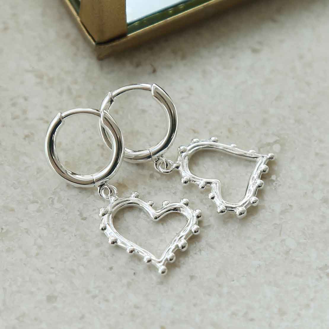 Sterling Silver Beaded Heart Dangly Hoops