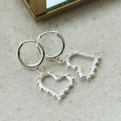 ML969 STERLING SILVER BEADED HEART DANGLY HOOPS 2