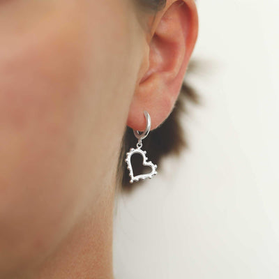 ML969 STERLING SILVER BEADED HEART DANGLY HOOPS MODEL