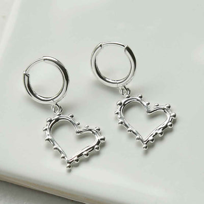 ML969 STERLING SILVER BEADED HEART DANGLY HOOPS 1