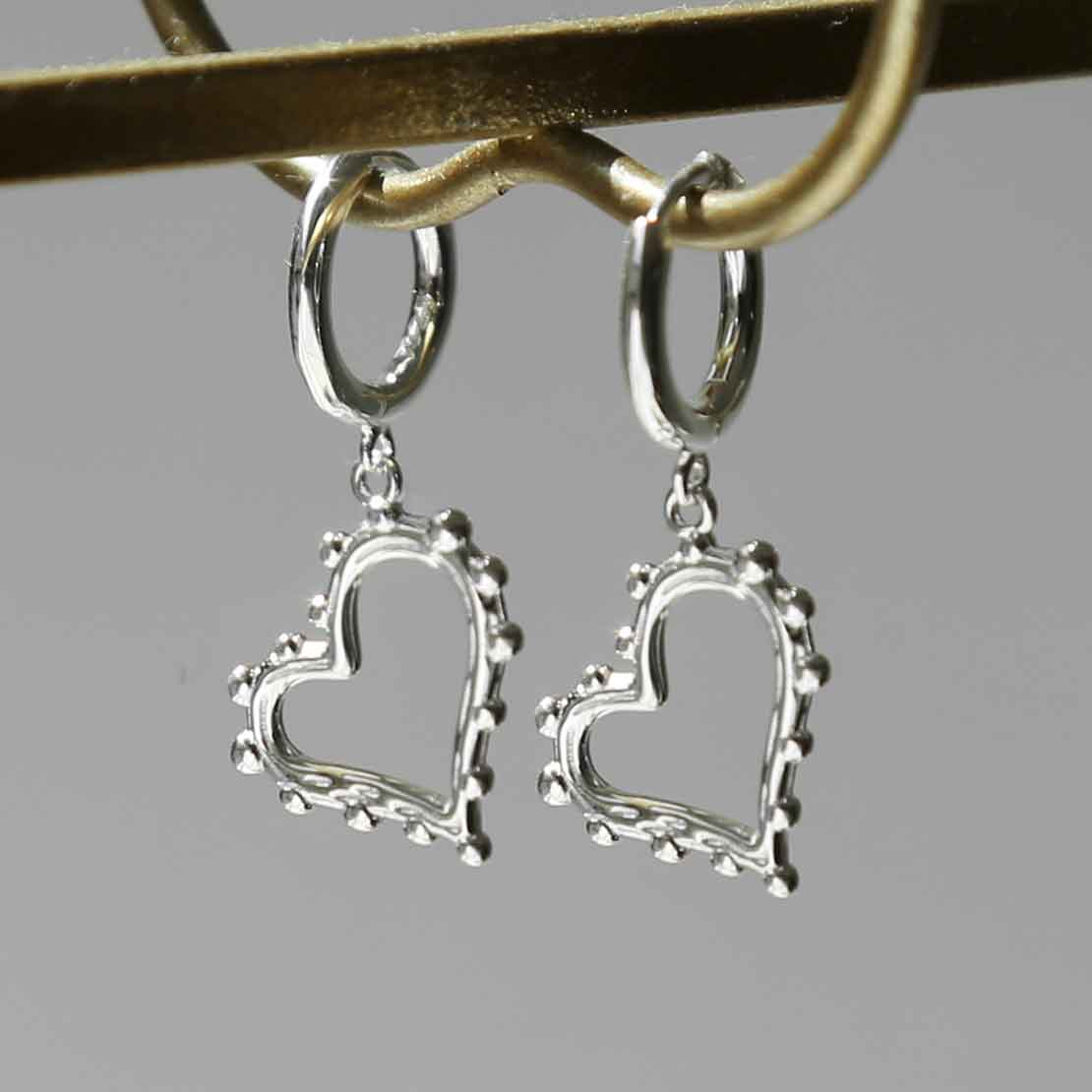 Sterling Silver Beaded Heart Dangly Hoops
