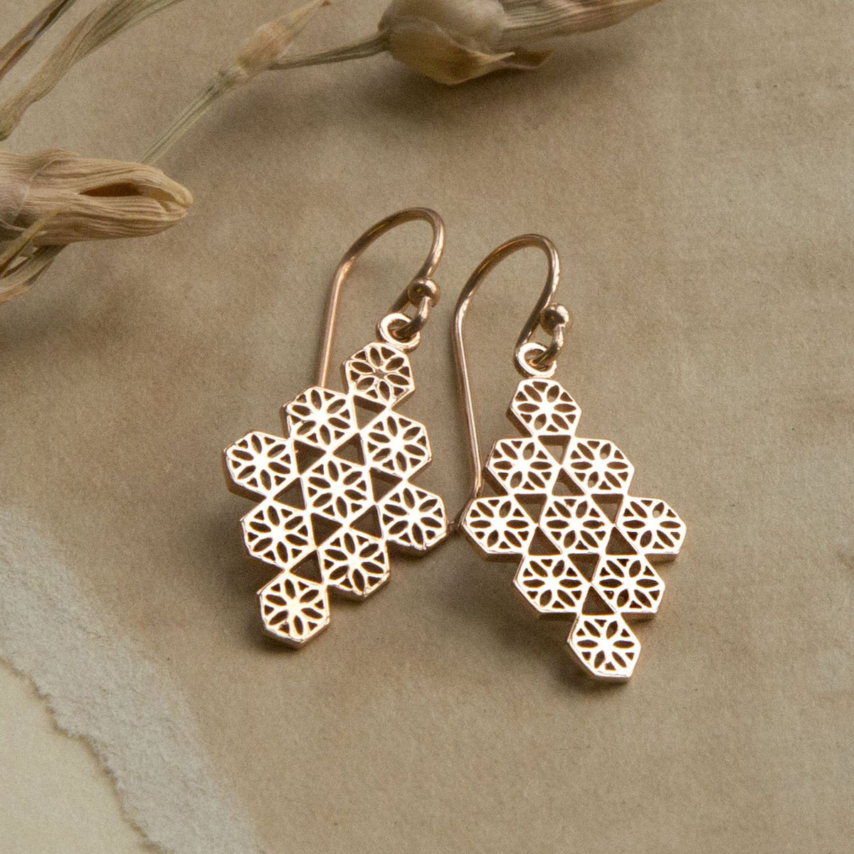 Rose Gold Plated Sterling Silver Dangly Moroccan Tile Earrings