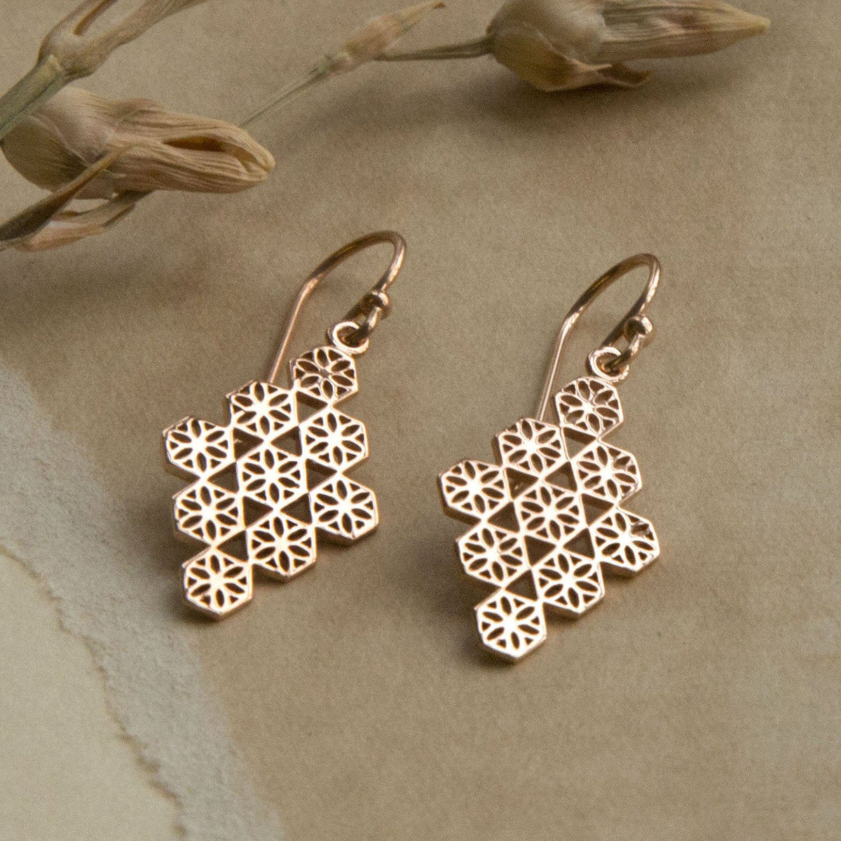 Rose Gold Plated Sterling Silver Dangly Moroccan Tile Earrings