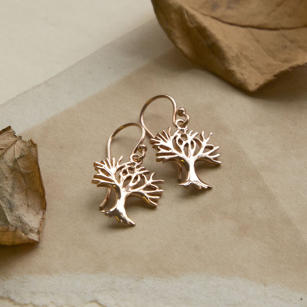 Sterling Silver Rose Gold Plated Dangly Winter Tree Earrings