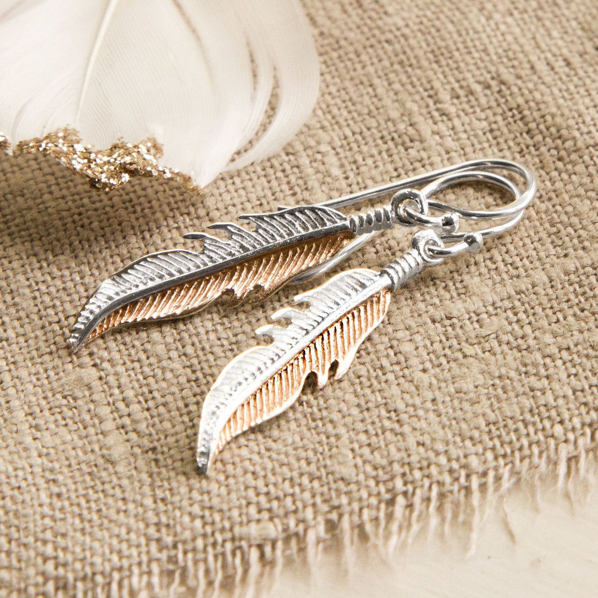 Sterling Silver and Rose Gold Dangly Feather Earrings