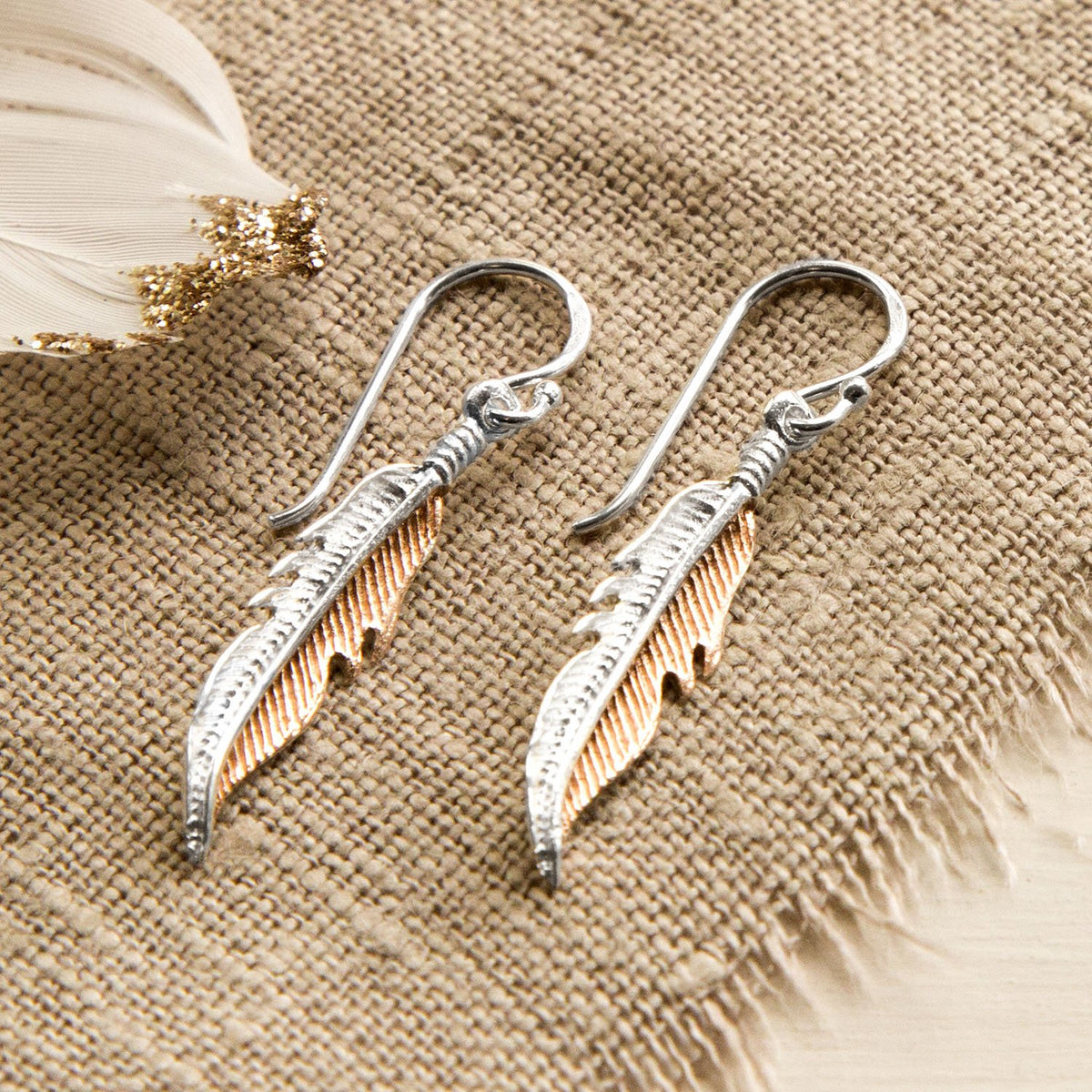 Sterling Silver and Rose Gold Dangly Feather Earrings
