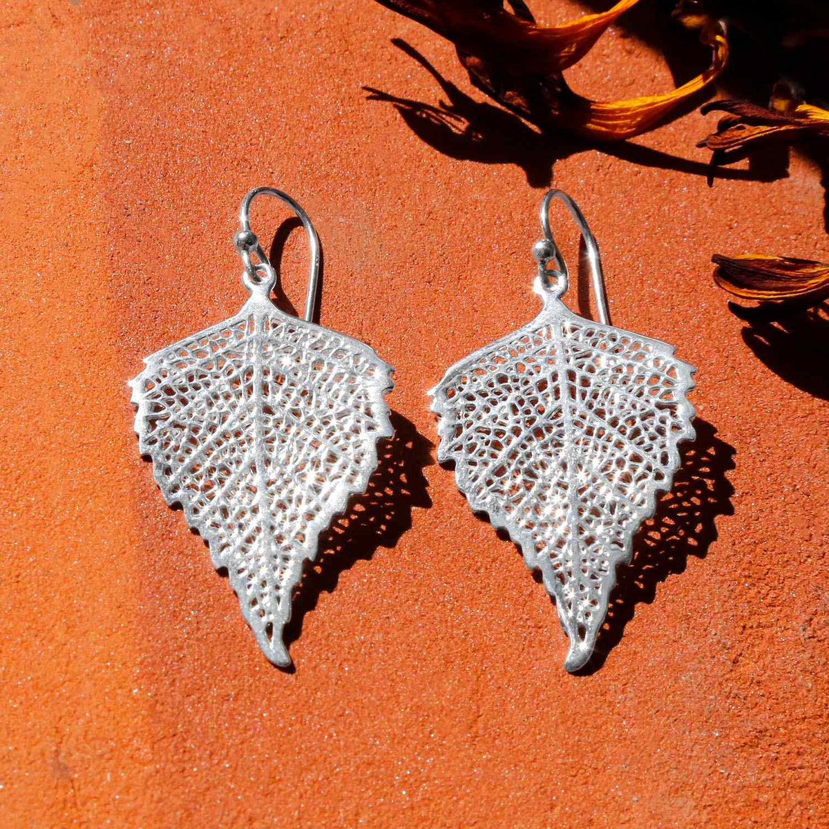 Sterling Silver Dangly Birch Leaf Earrings