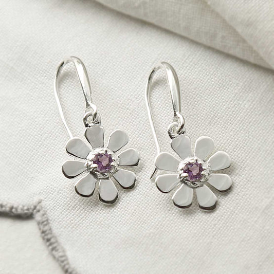 MZB115E AM STERLING SILVER AMETHYST DAISY DANGLY EARRINGS 1