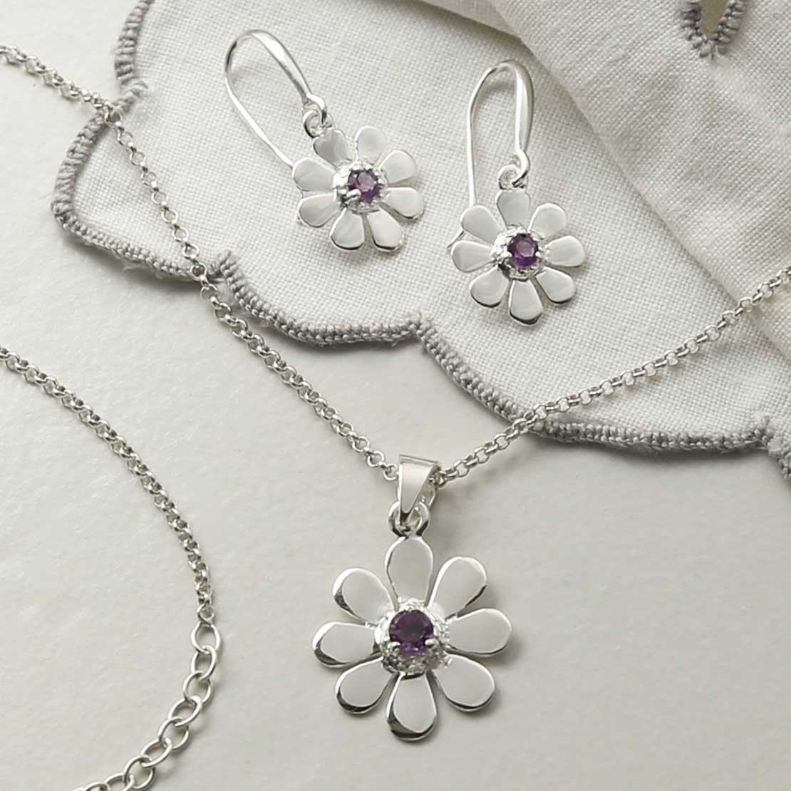 Sterling Silver Amethyst Daisy Earrings