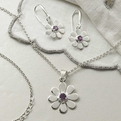 MZB115 AM STERLING SILVER AMETHYST DAISY SET