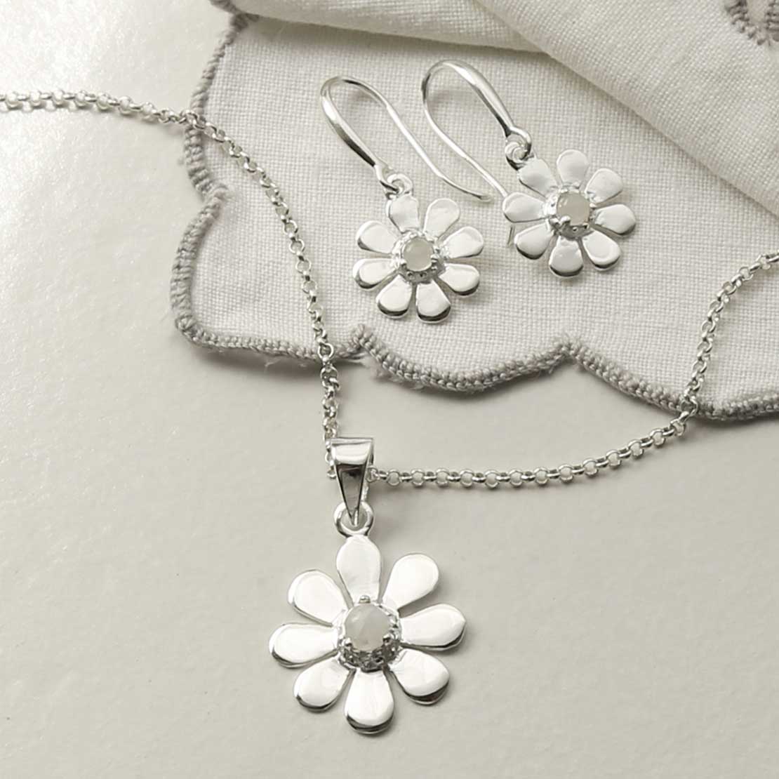 Sterling Silver Moonstone Daisy Earrings