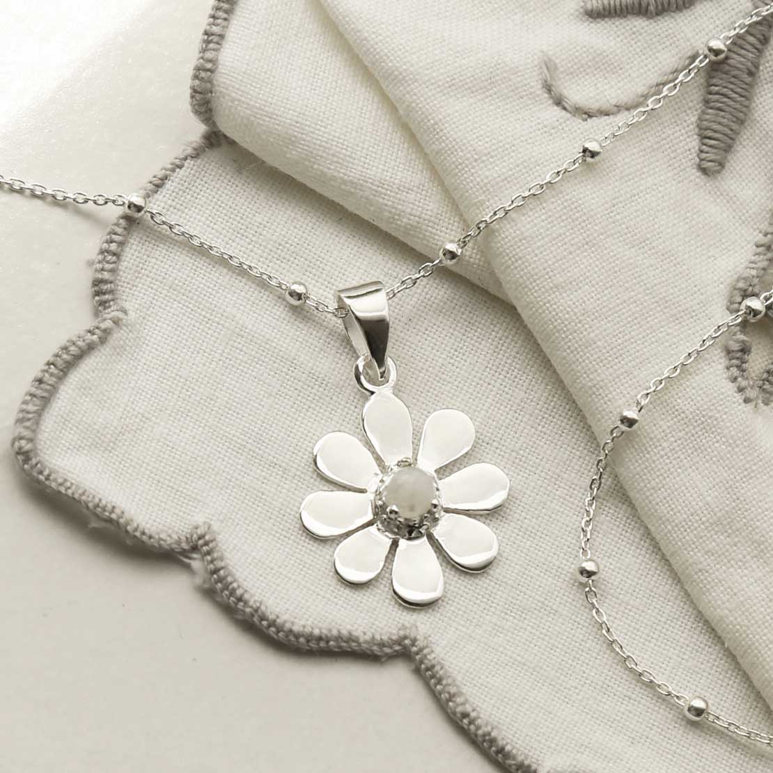 Sterling Silver Moonstone Daisy Necklace