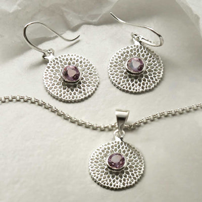 MZB117 AM STERLING SILVER CHRYSANTHEMUM AMETHYST SET