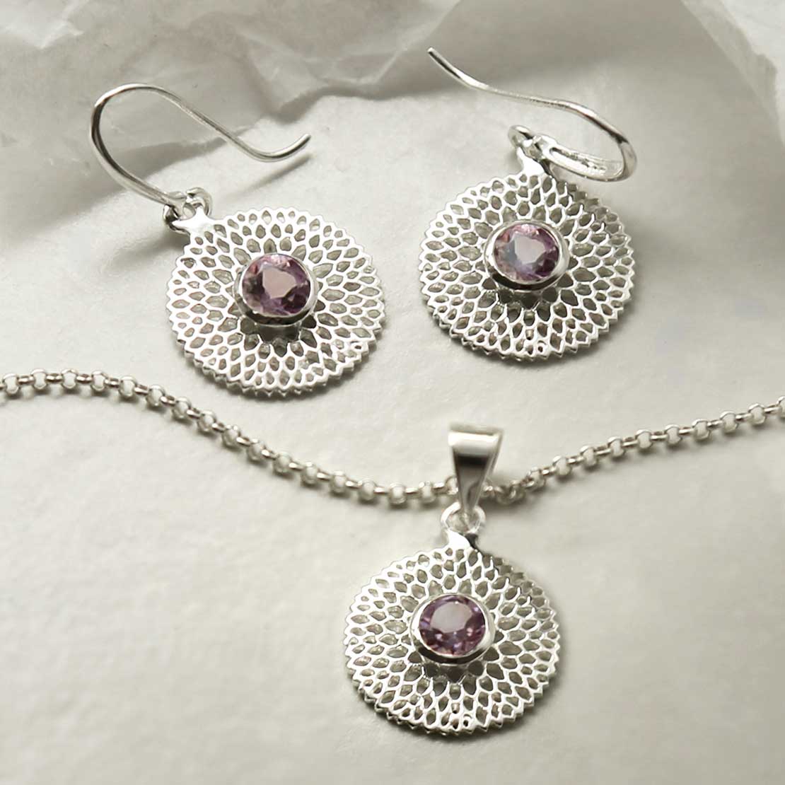 Sterling Silver Chrysanthemum Amethyst Necklace