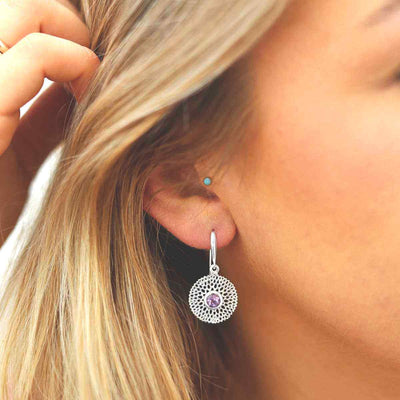 MZB117E AM STERLING SILVER CHRYSANTHEMUM AMETHYST DANGLY EARRINGS MODEL