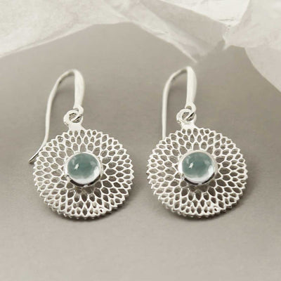 MZB117E BT STERLING SILVER CHRYSANTHEMUM BLUE TOPAZ DANGLY EARRINGS 1