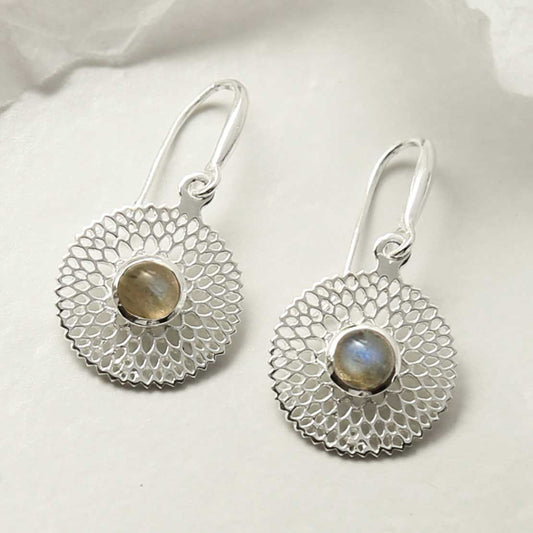 MZB117E LB STERLING SILVER CHRYSANTHEMUM LABRADORITE DANGLY EARRINGS 1
