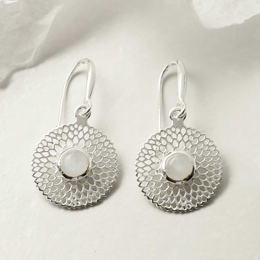 MZB117E MS STERLING SILVER CHRYSANTHEMUM MOONSTONE DANGLY EARRINGS 4