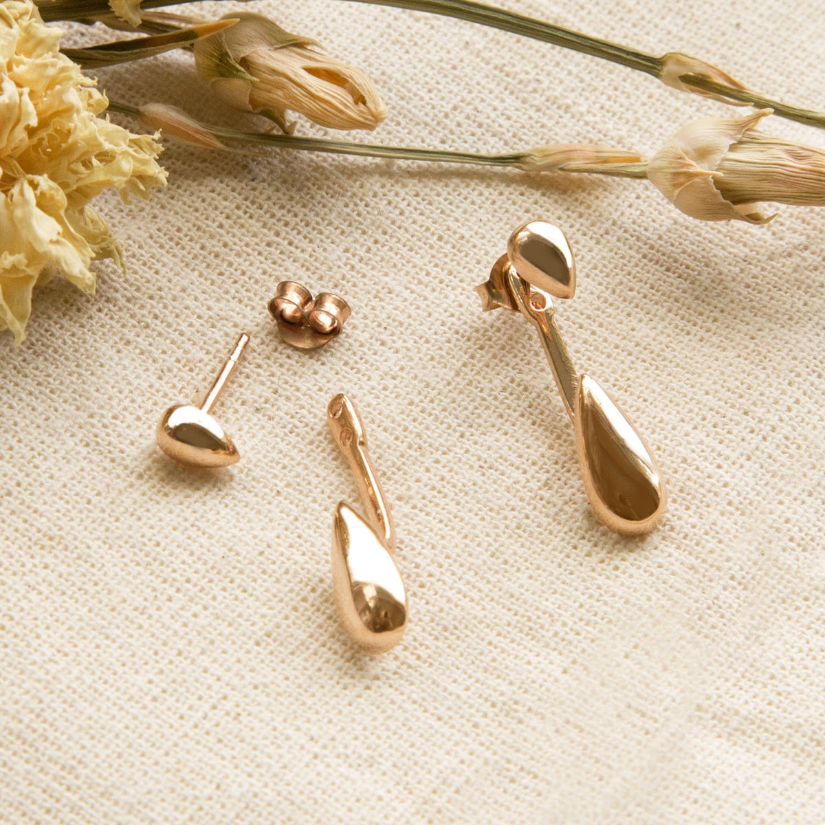 Rose Gold Plated Sterling Silver Two Way Teardrop Stud Earrings