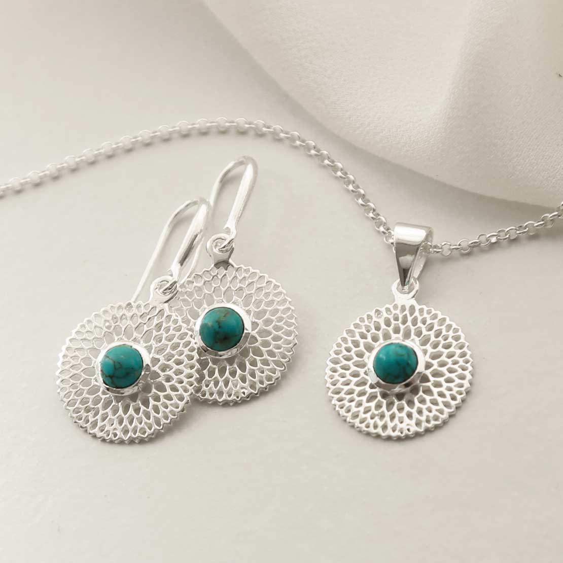 Sterling Silver Chrysanthemum Turquoise Necklace