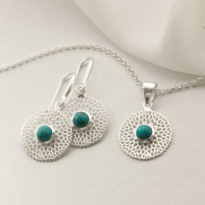 MZB117 STERLING SILVER CHRYSANTHEMUM TURQUOISE SET