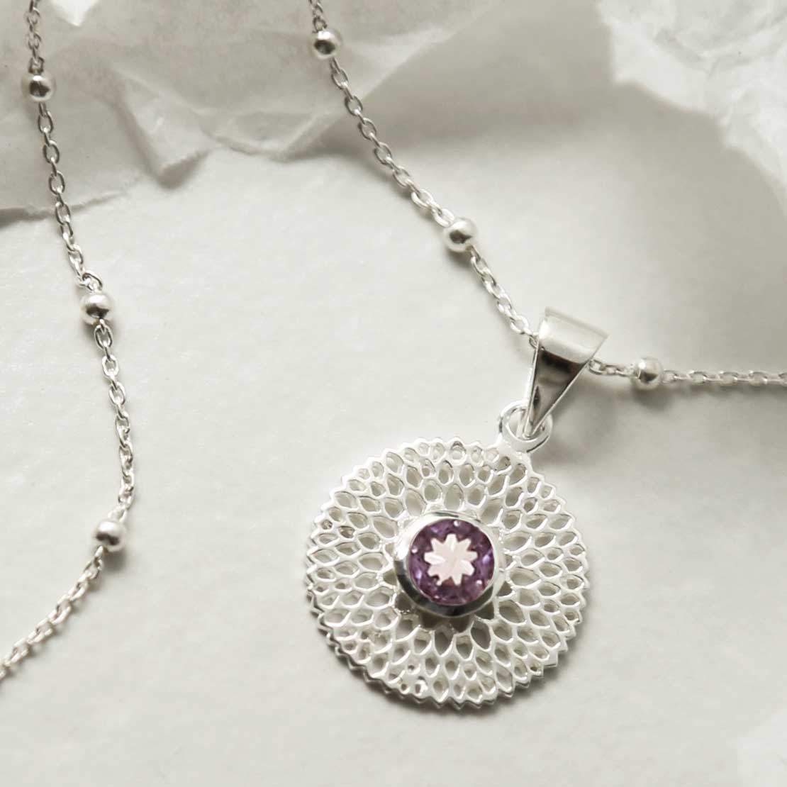 Sterling Silver Chrysanthemum Amethyst Necklace