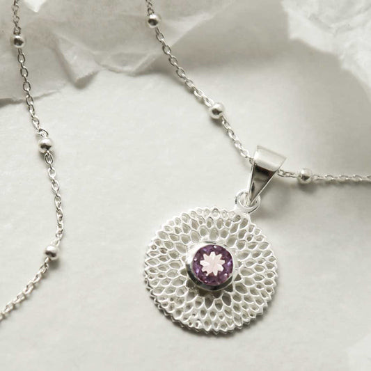 MZB117P AM STERLING SILVER CHRYSANTHEMUM AMETHYST NECKLACE 1