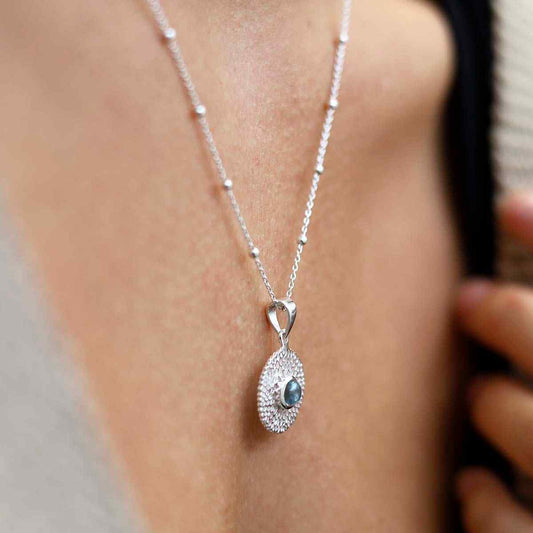 MZB117P BT STERLING SILVER CHRYSANTHEMUM BLUE TOPAZ NECKLACE MODEL