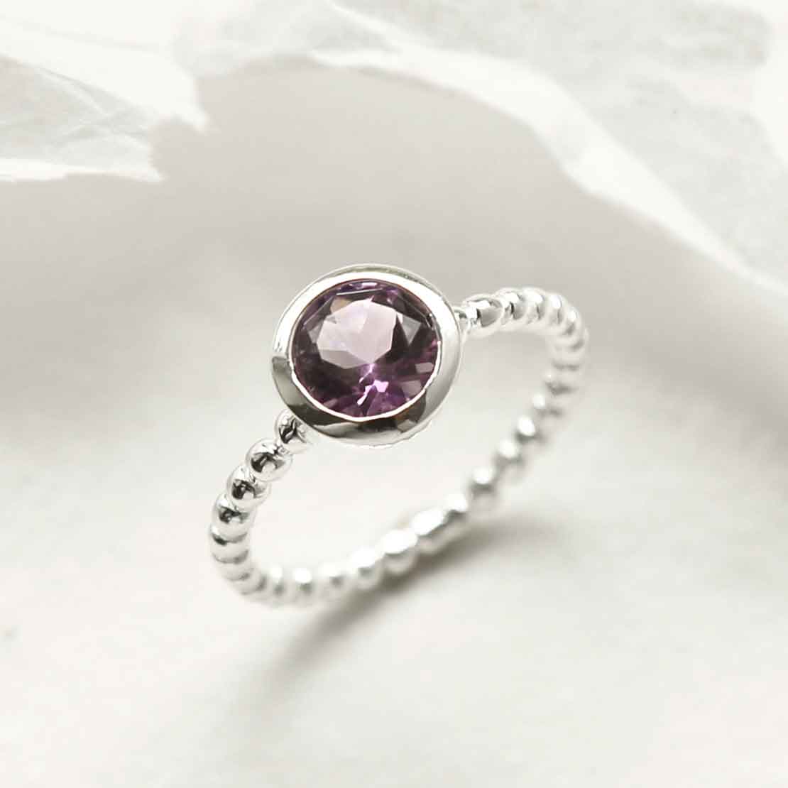 Sterling Silver Beaded Amethyst Ring