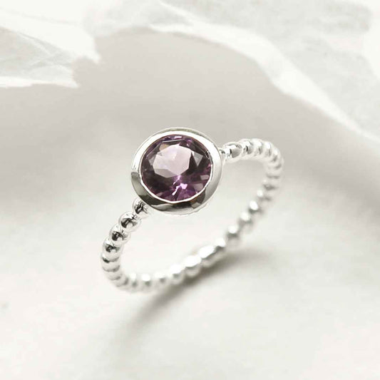 MZB118 AM STERLING SILVER BEADED AMETHYST RING 6