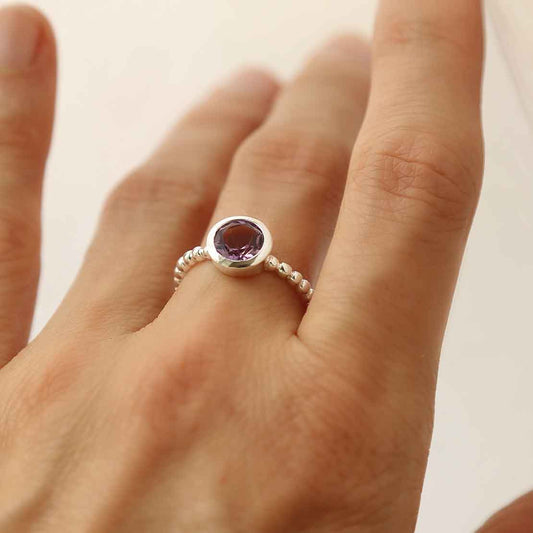 MZB118 AM STERLING SILVER BEADED AMETHYST RING MODEL 1