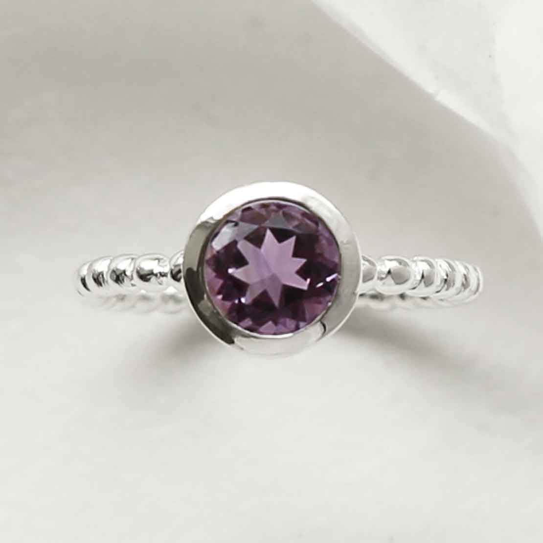 Sterling Silver Beaded Amethyst Ring