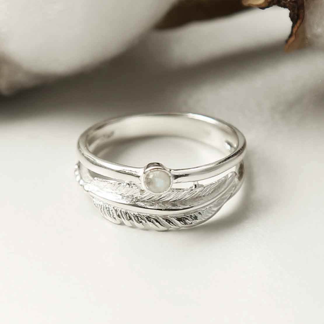 Sterling Silver Moonstone Feather Ring