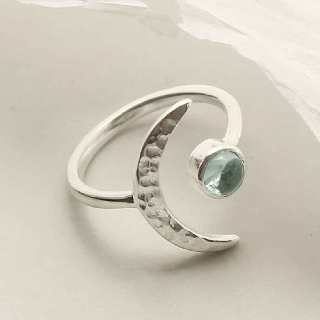 Sterling Silver Blue Topaz Moon Adjustable Ring