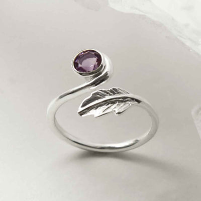 MZB126 AM STERLING SILVER AMETHYST LEAF ADJUSTABLE RING 1