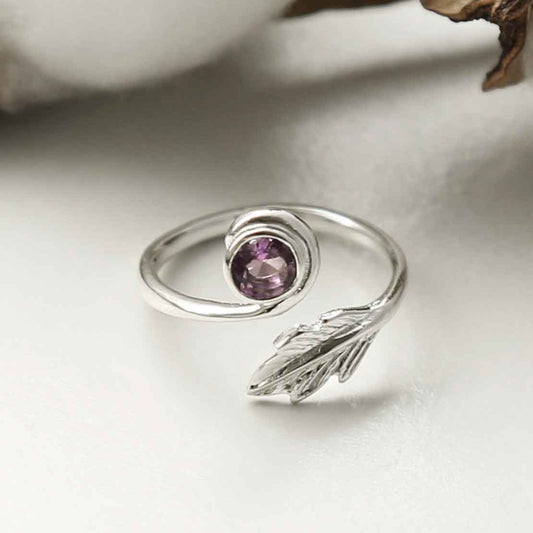 MZB126 AM STERLING SILVER AMETHYST LEAF ADJUSTABLE RING 2