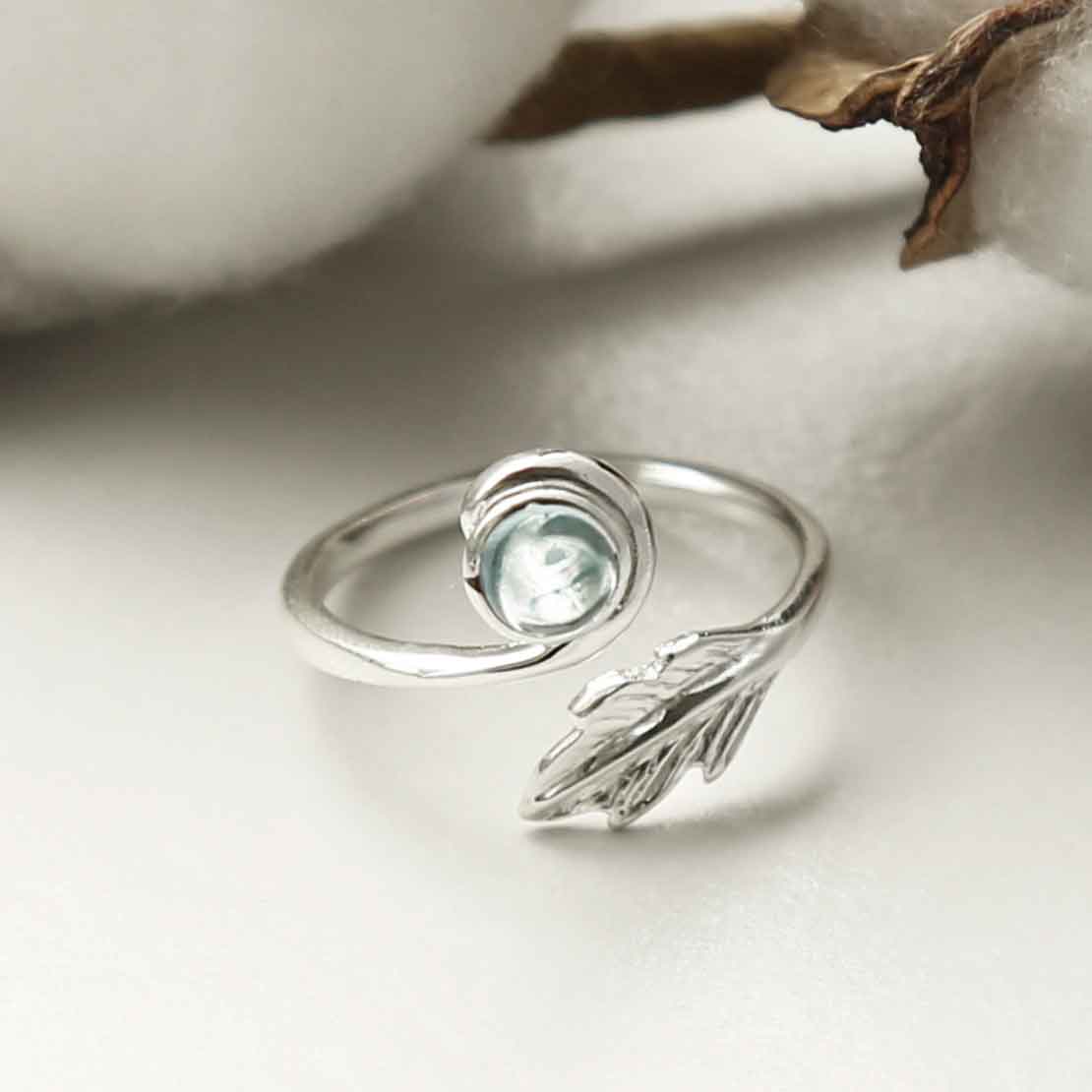 Sterling Silver Blue Topaz Leaf Adjustable Ring