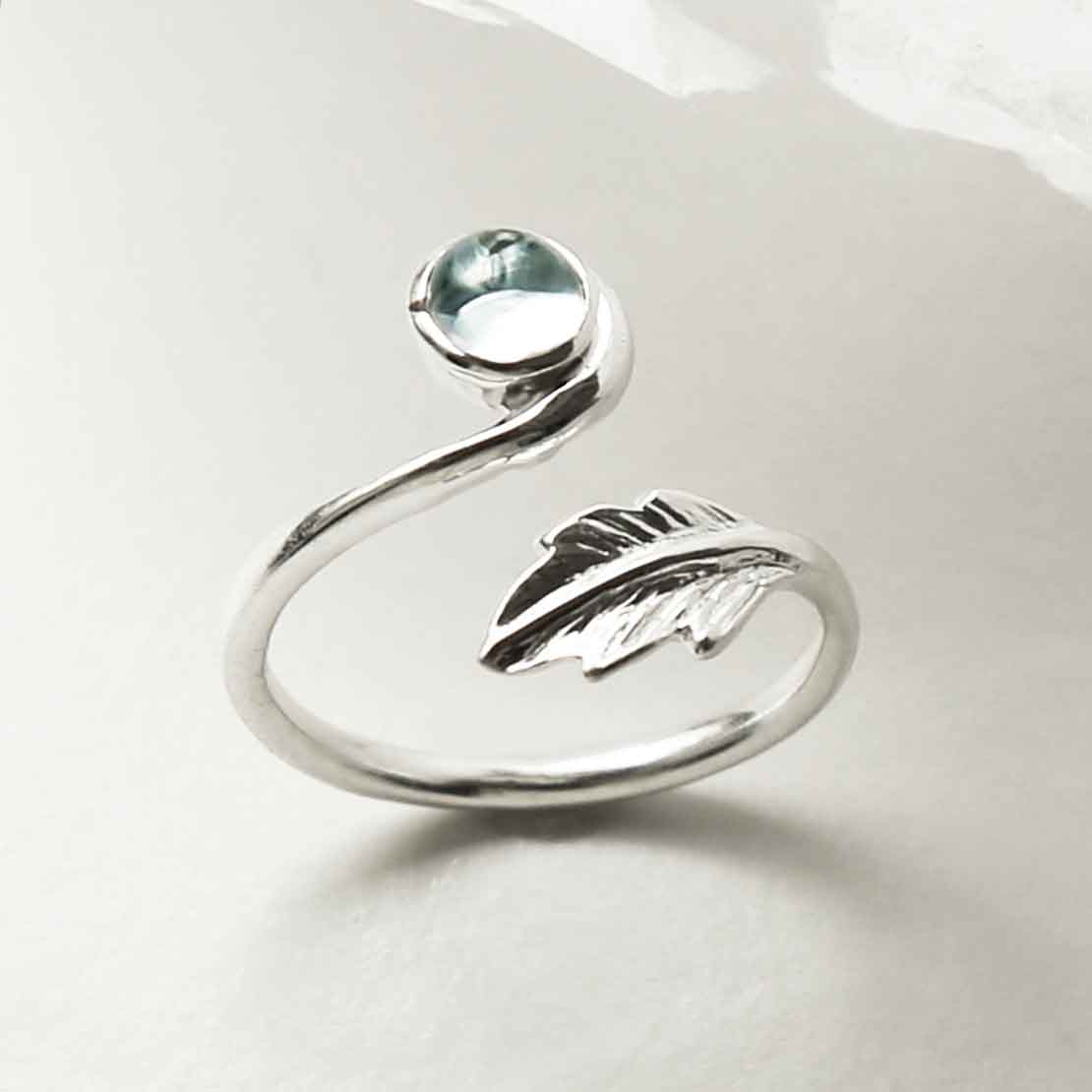 Sterling Silver Blue Topaz Leaf Adjustable Ring