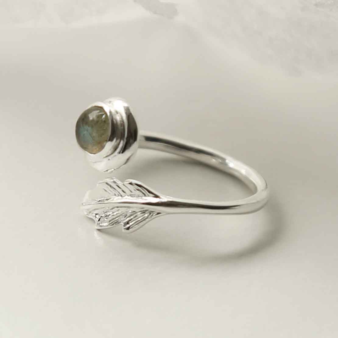 Sterling Silver Labradorite Leaf Adjustable Ring