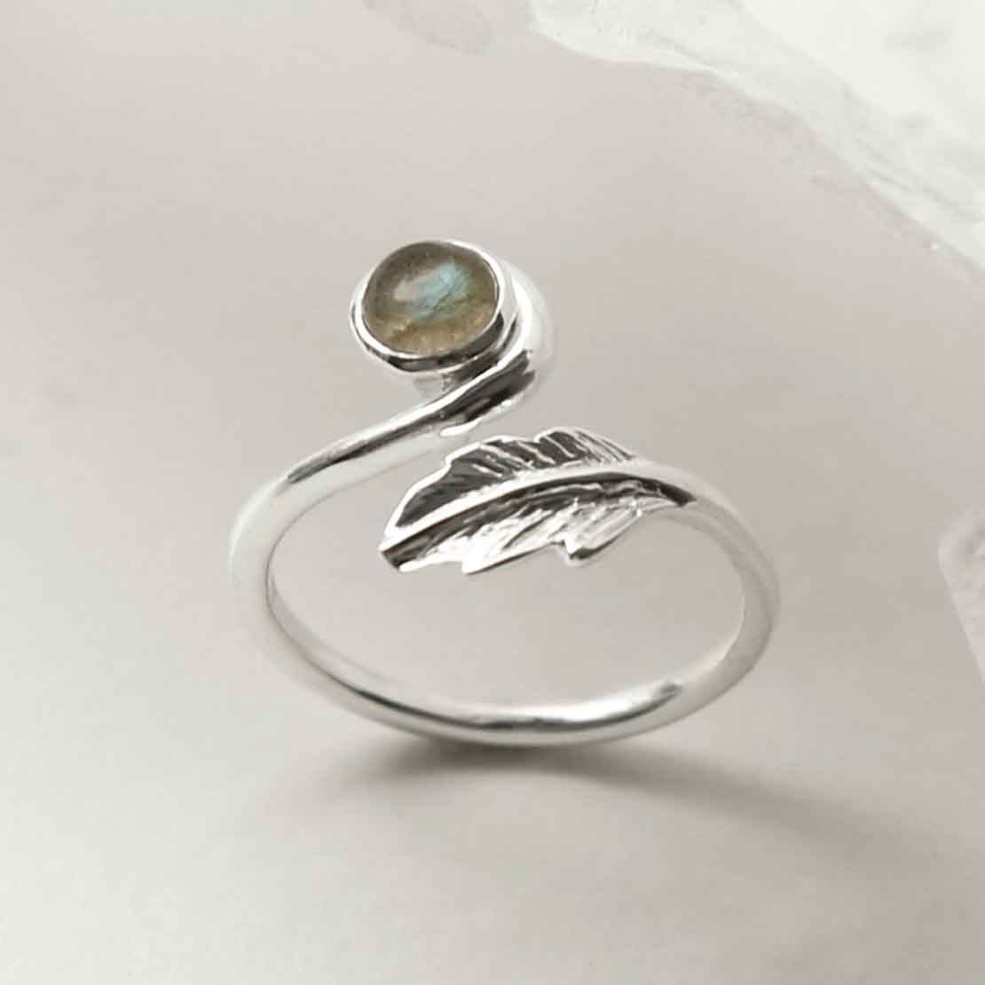 Sterling Silver Labradorite Leaf Adjustable Ring