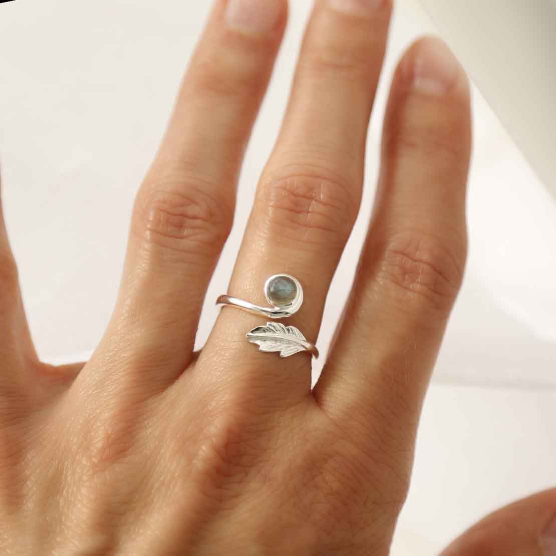 Sterling Silver Labradorite Leaf Adjustable Ring