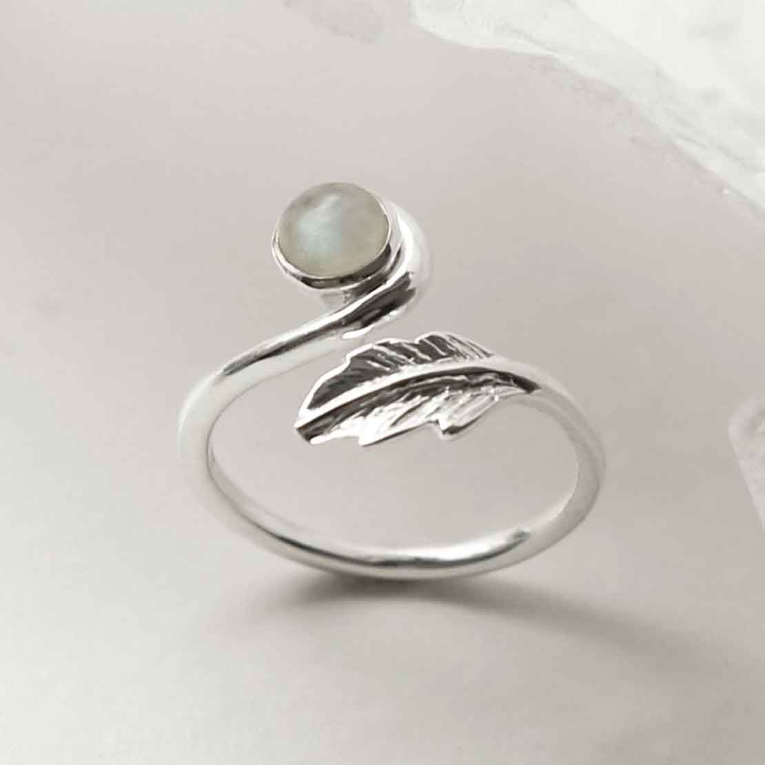 Sterling Silver Moonstone Leaf Adjustable Ring