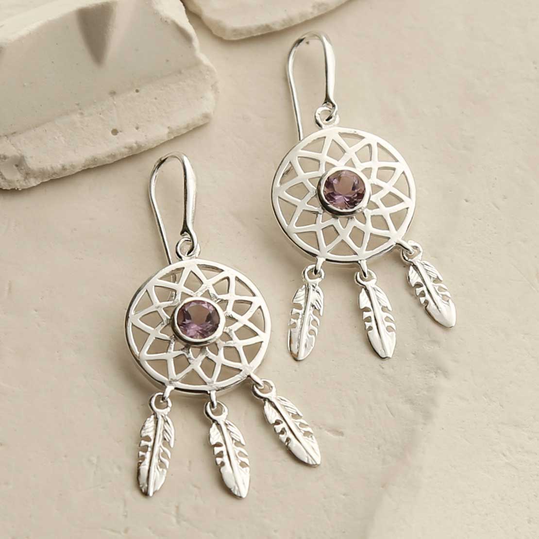 Sterling Silver Amethyst Dream Catcher Earrings