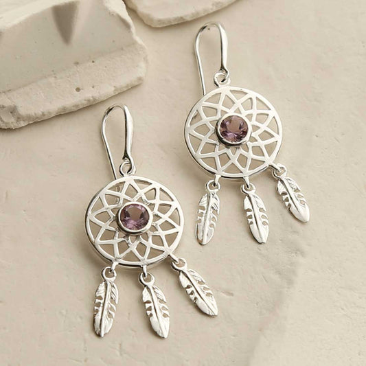 MZB130E AM STERLING SILVER AMETHYST DREAM CATCHER EARRINGS 1