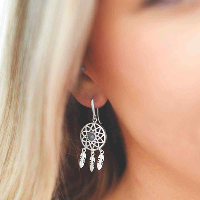 MZB130E LB STERLING SILVER LABRADORITE DANGLY DREAM CATCHER EARRINGS MODEL