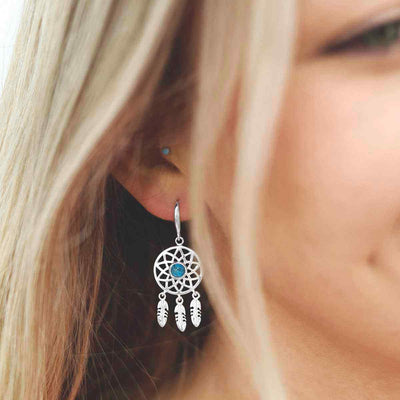 MZB130E T STERLING SILVER TURQUOISE DANGLY DREAM CATCHER EARRINGS MODEL